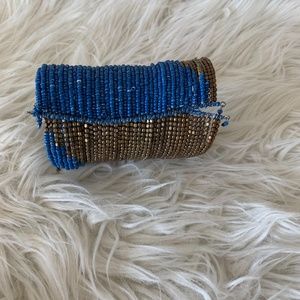 Blue and Gold Beaded Cuff Bracelet